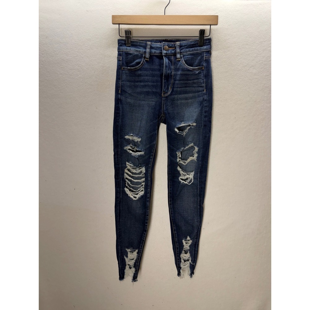 American Eagle Jeggings Women 0 Blue Super Hi-Rise Distressed Raw Hem 3603